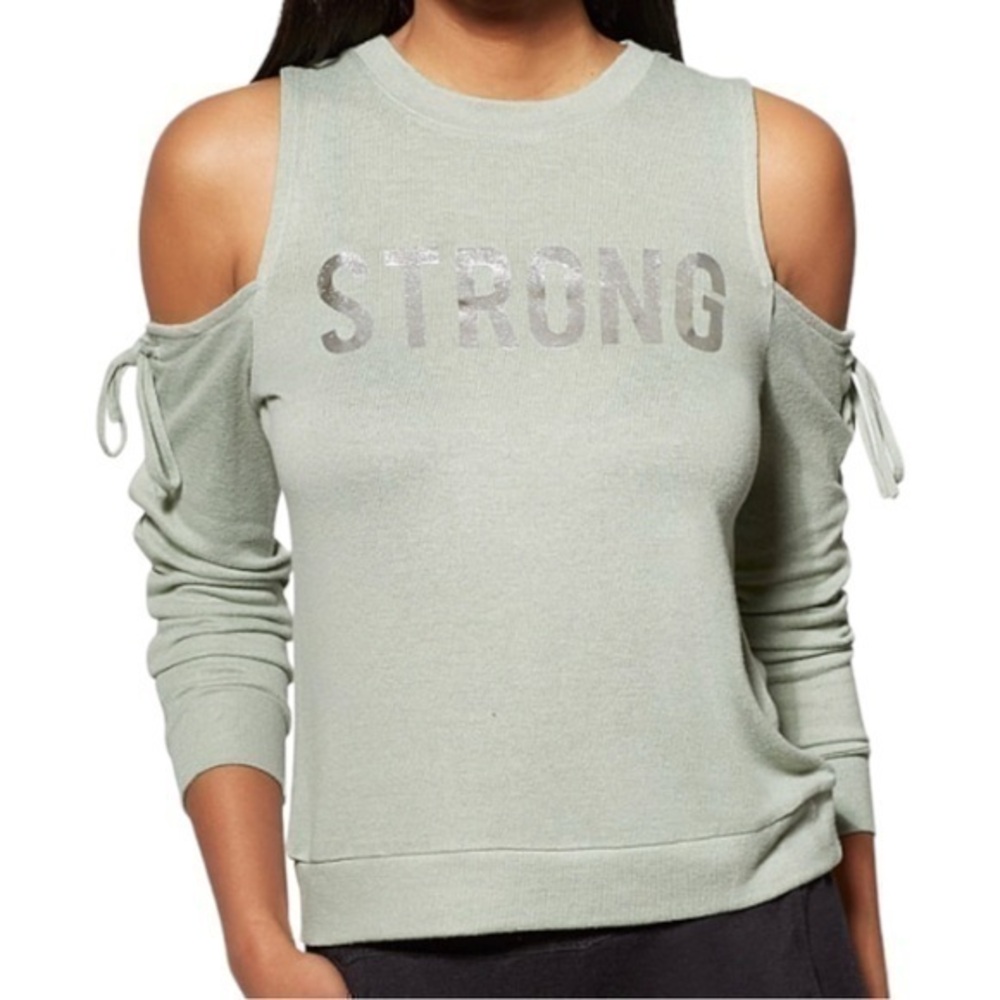 Soho Top Sage Silver STRONG Graphic Cold Shoulder Lace Up Long Sleeve Top Size L